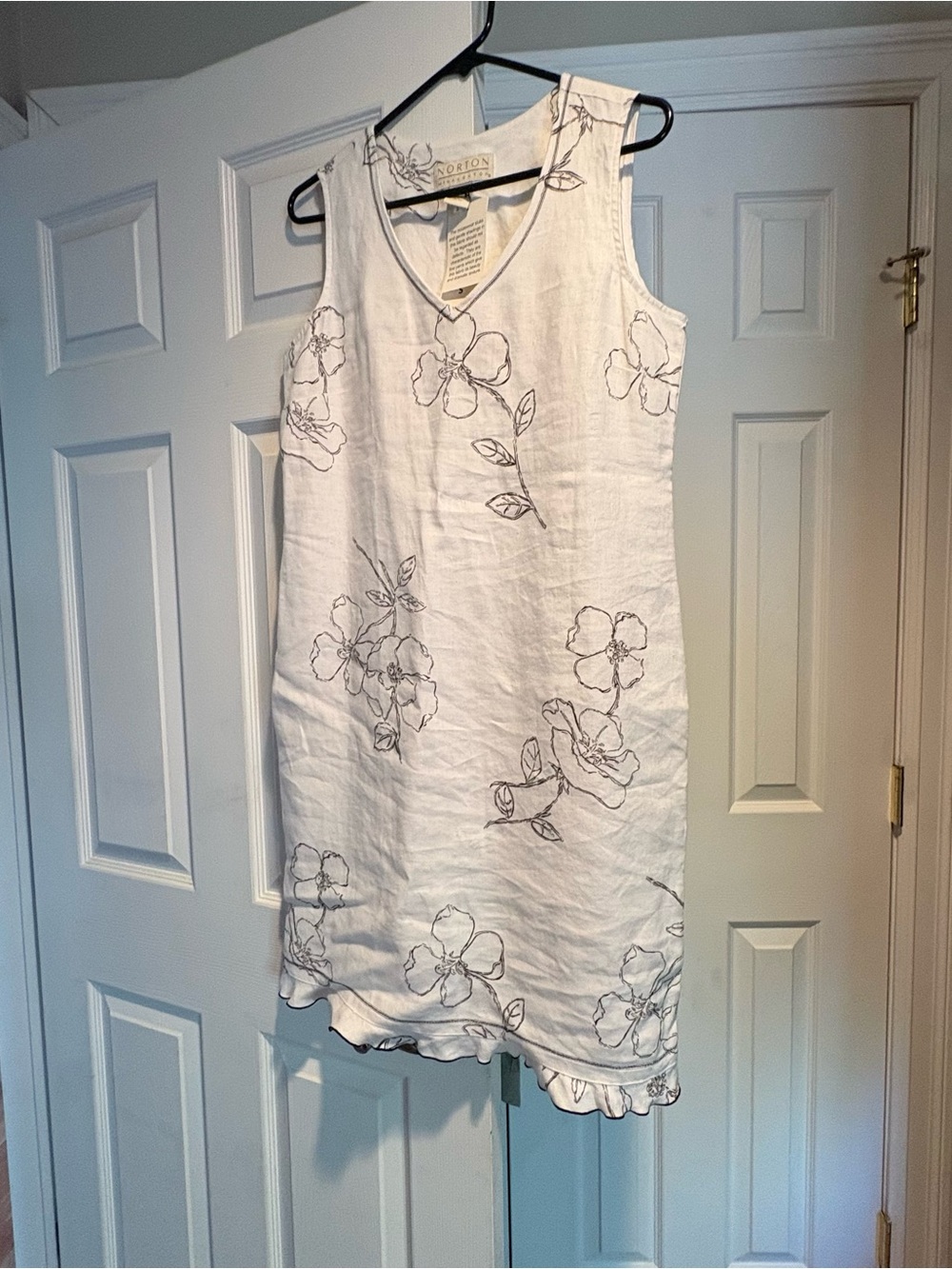 Norton McNaughton White Linen Dress with Black Floral Sketch
